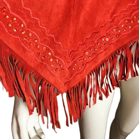 Western Boho Suede Leather Fringe Poncho Cape Rust Terracotta Newport News SM - Picture 5 of 13